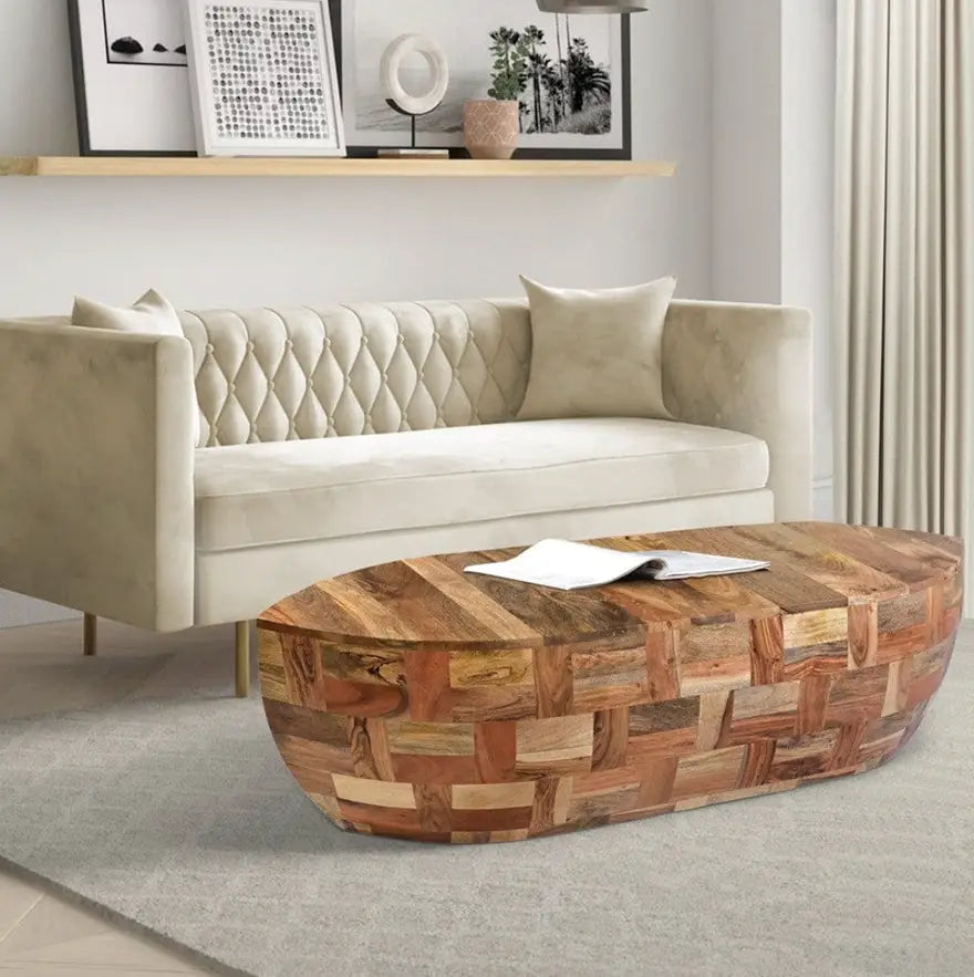 42 Inch Mango Wood Oval Canoe Shape Coffee Table