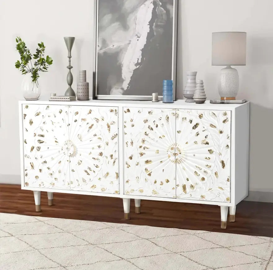 4 Door Wooden Sideboard with Engraved Sunburst Design Front