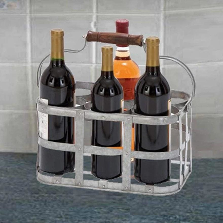 Metal Strip Wine Holder With Wooden Handle And Six Bottles Storage