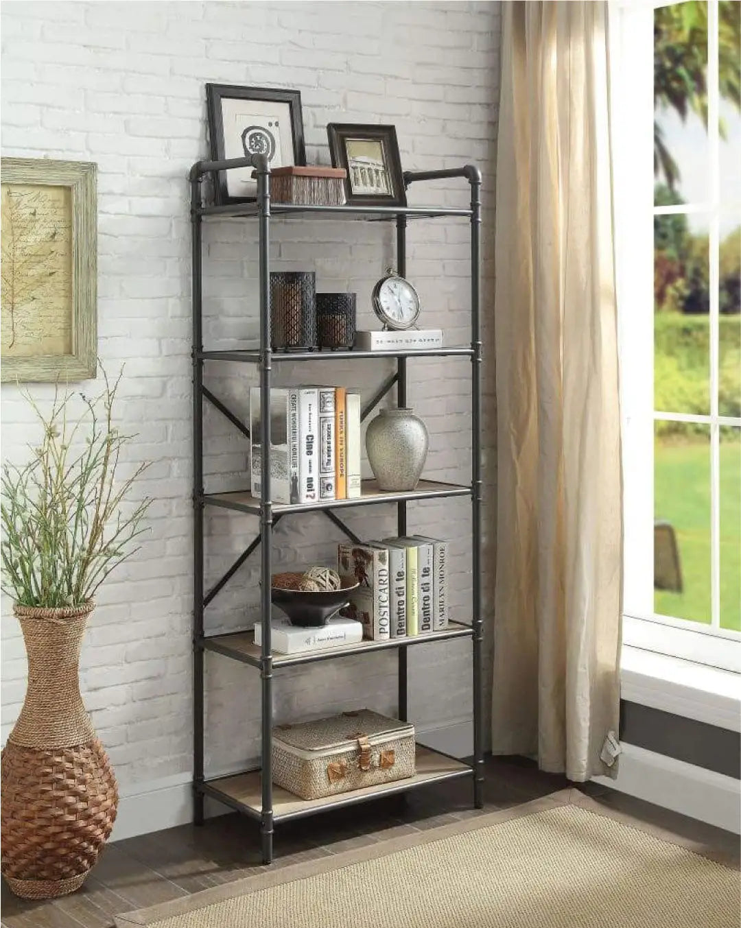 Five-Tier Metal Bookshelf With Wooden Shelves