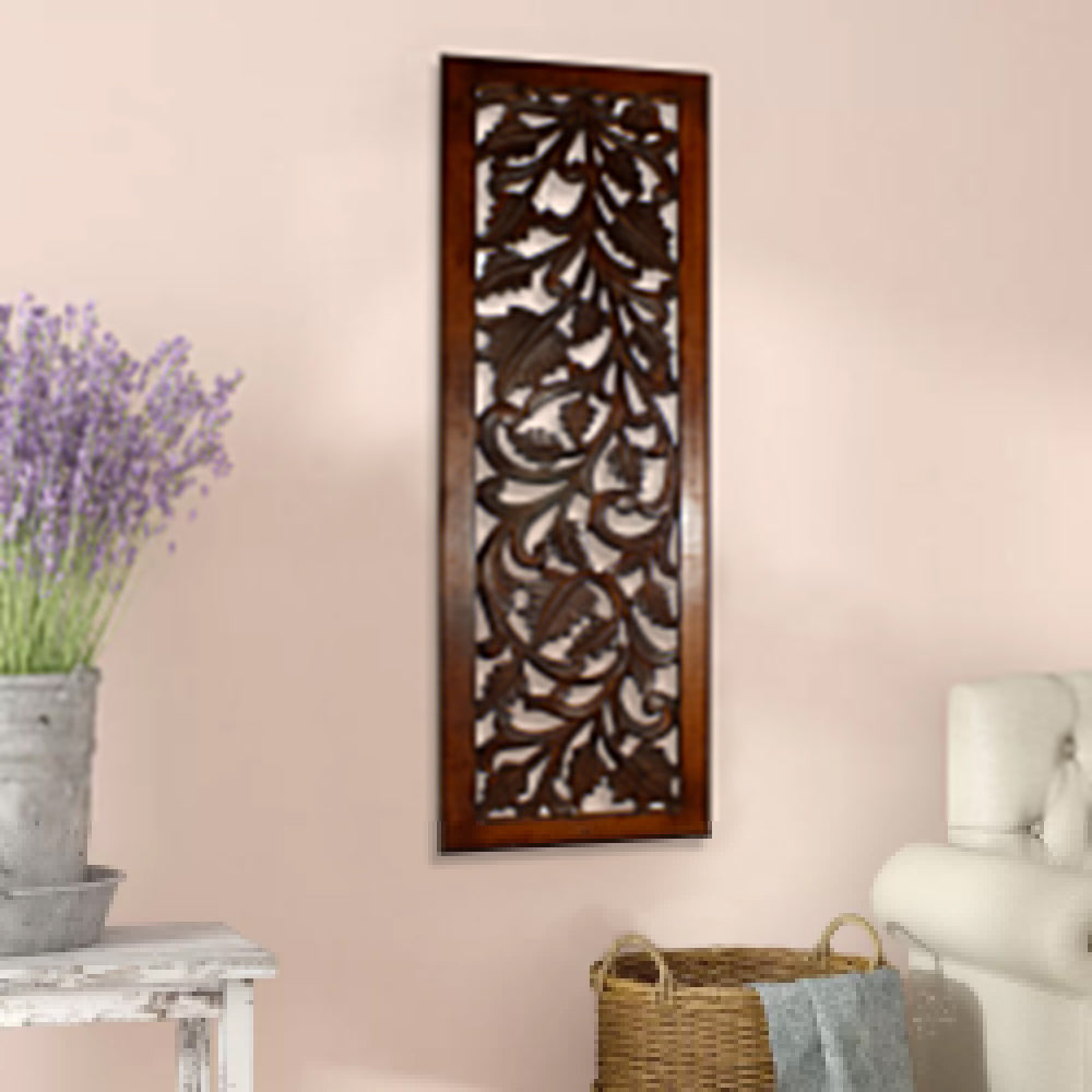 Mango Wood Wall Panel Hand Crafted with Leaves and Scroll Work Motif, Brown - BM80949