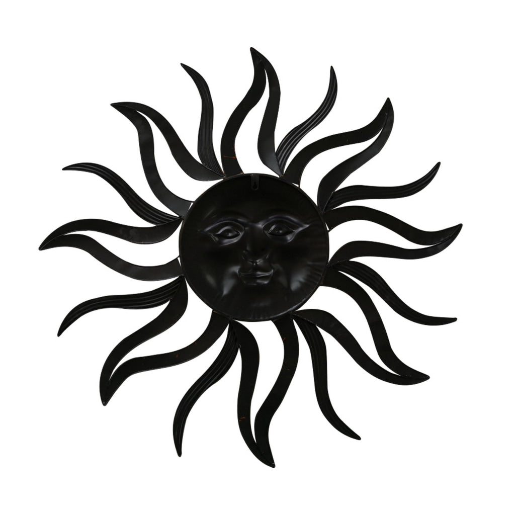 35 Inch Round Wall Mounted Sun Face Accent Decor Carved Rustic Gold and Black Metal The Urban Port 97918