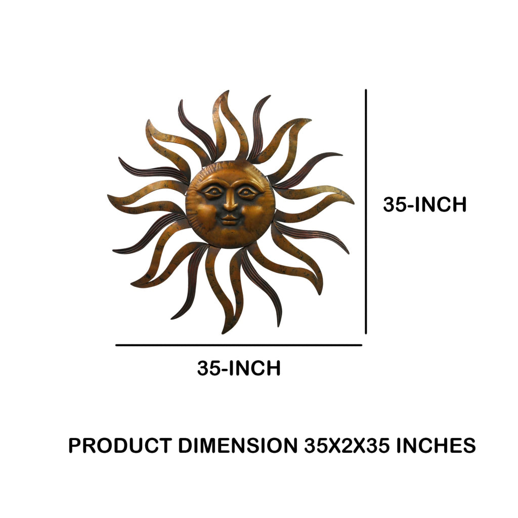 35 Inch Round Wall Mounted Sun Face Accent Decor Carved Rustic Gold and Black Metal The Urban Port 97918