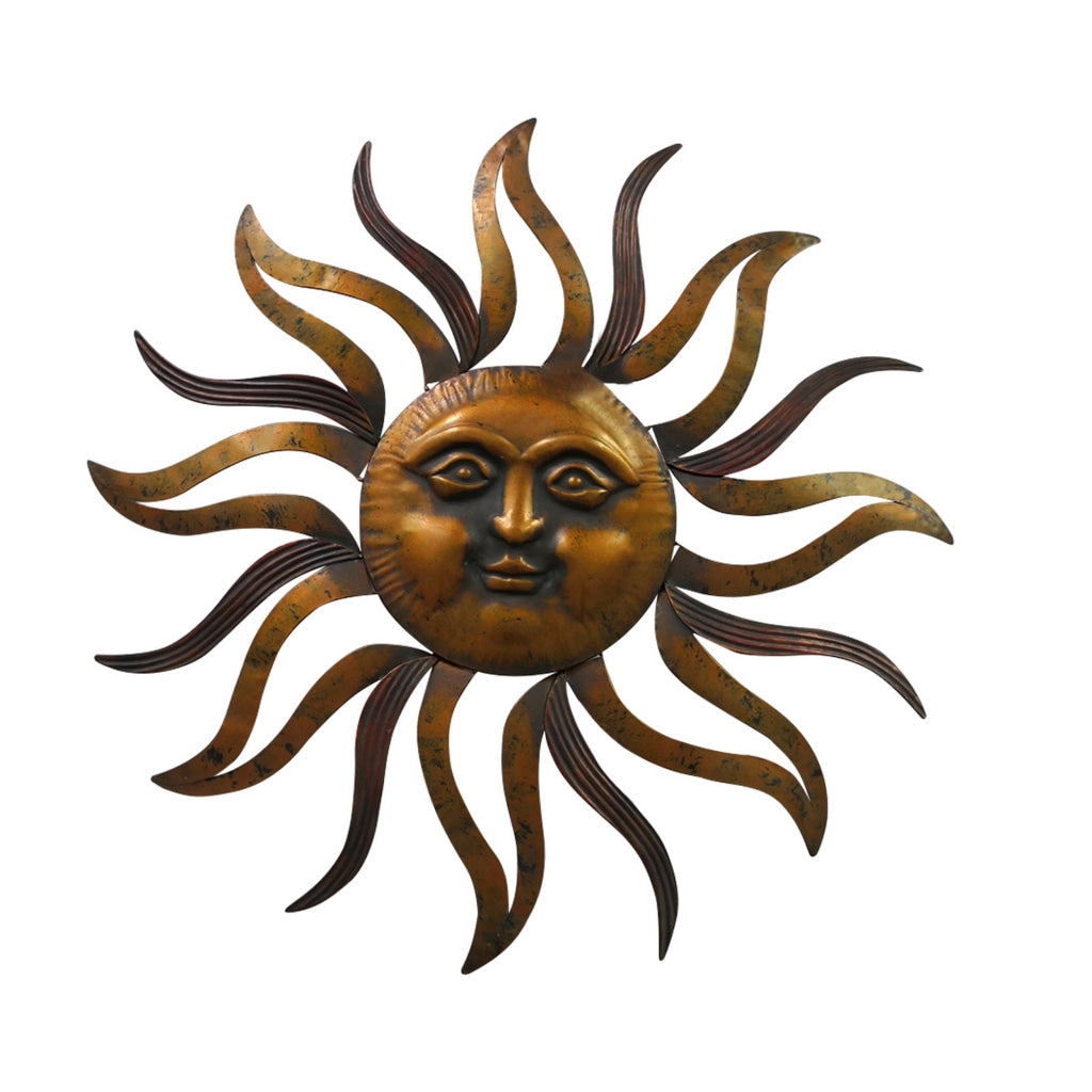 35 Inch Round Wall Mounted Sun Face Accent Decor Carved Rustic Gold and Black Metal The Urban Port 97918