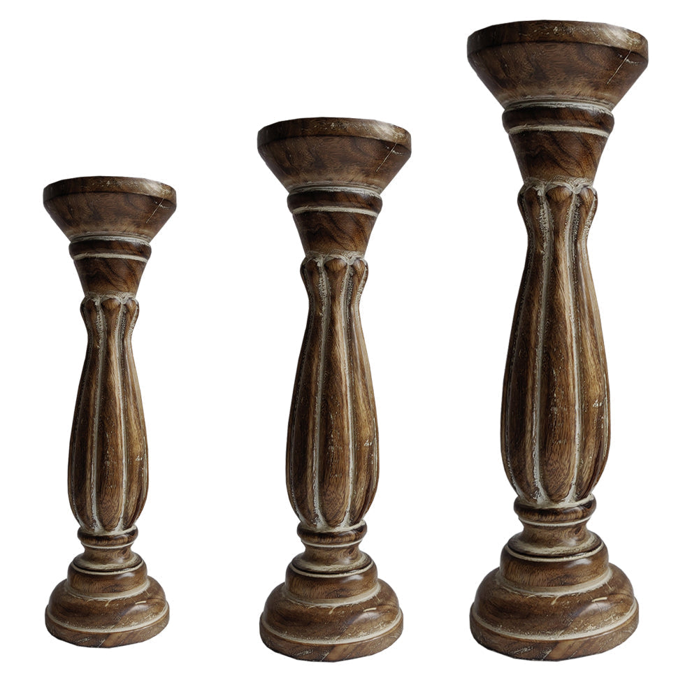 Handmade Wooden Candle Holder with Pillar Base Support Distressed Brown Set of 3 - BM08014 BM08014