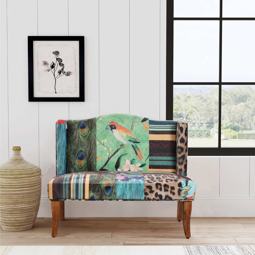 45 Inch Settee Loveseat Bench Handcrafted Wingback Design Bird Collage Print Velvet Fabric Multicolor The Urban Port ABH-32342-BIRD