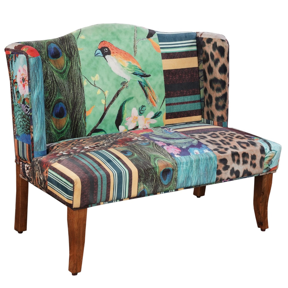 45 Inch Settee Loveseat Bench Handcrafted Wingback Design Bird Collage Print Velvet Fabric Multicolor The Urban Port ABH-32342-BIRD