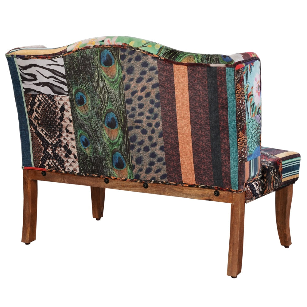 45 Inch Settee Loveseat Bench Handcrafted Wingback Design Bird Collage Print Velvet Fabric Multicolor The Urban Port ABH-32342-BIRD