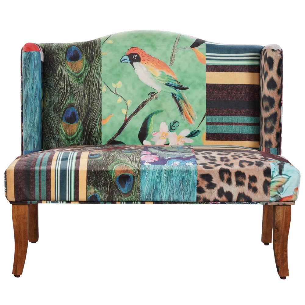 45 Inch Settee Loveseat Bench Handcrafted Wingback Design Bird Collage Print Velvet Fabric Multicolor The Urban Port ABH-32342-BIRD