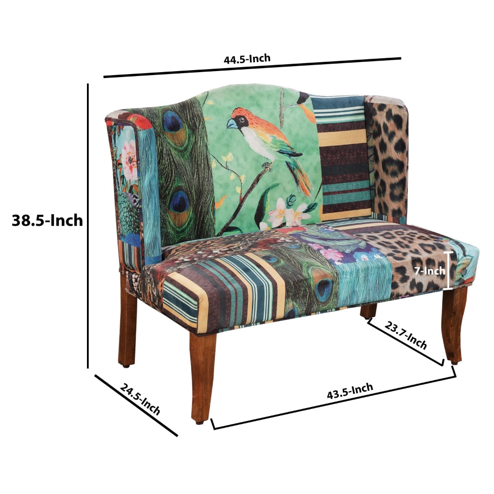 45 Inch Settee Loveseat Bench Handcrafted Wingback Design Bird Collage Print Velvet Fabric Multicolor The Urban Port ABH-32342-BIRD