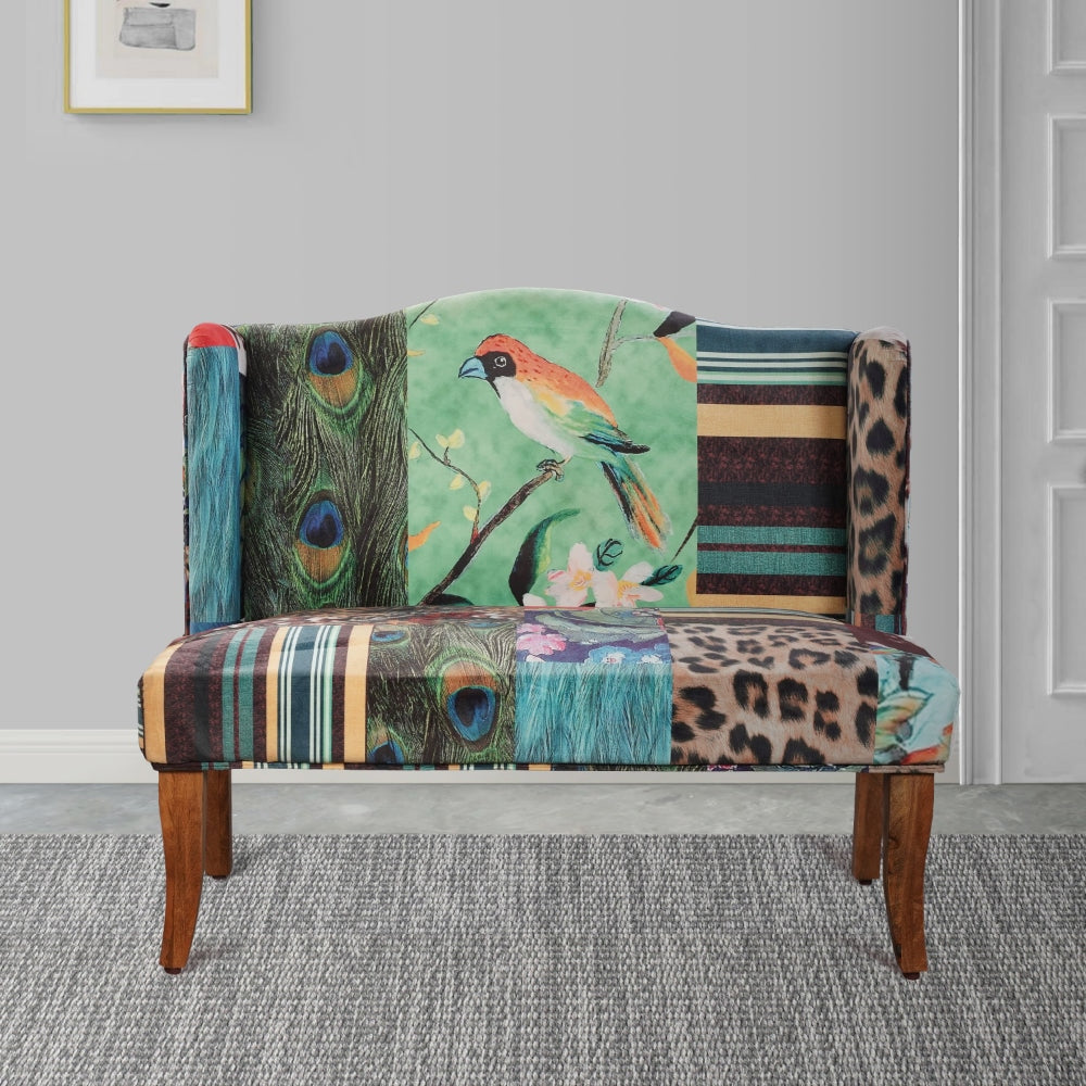 45 Inch Settee Loveseat Bench Handcrafted Wingback Design Bird Collage Print Velvet Fabric Multicolor The Urban Port ABH-32342-BIRD