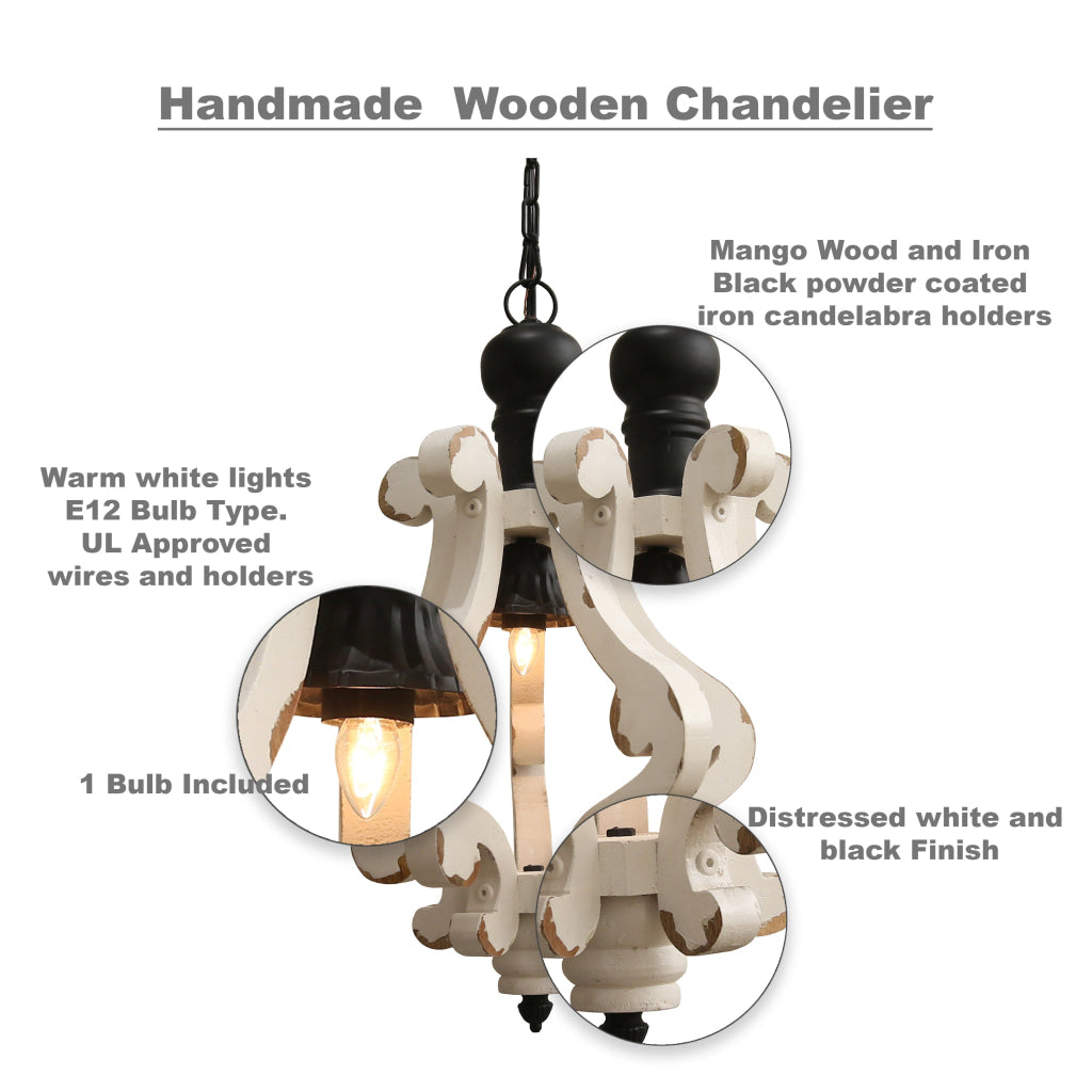 Maci 21 Inch French Country Chic Pendant Chandelier Distressed White Mango Wood The Urban Port BM147075