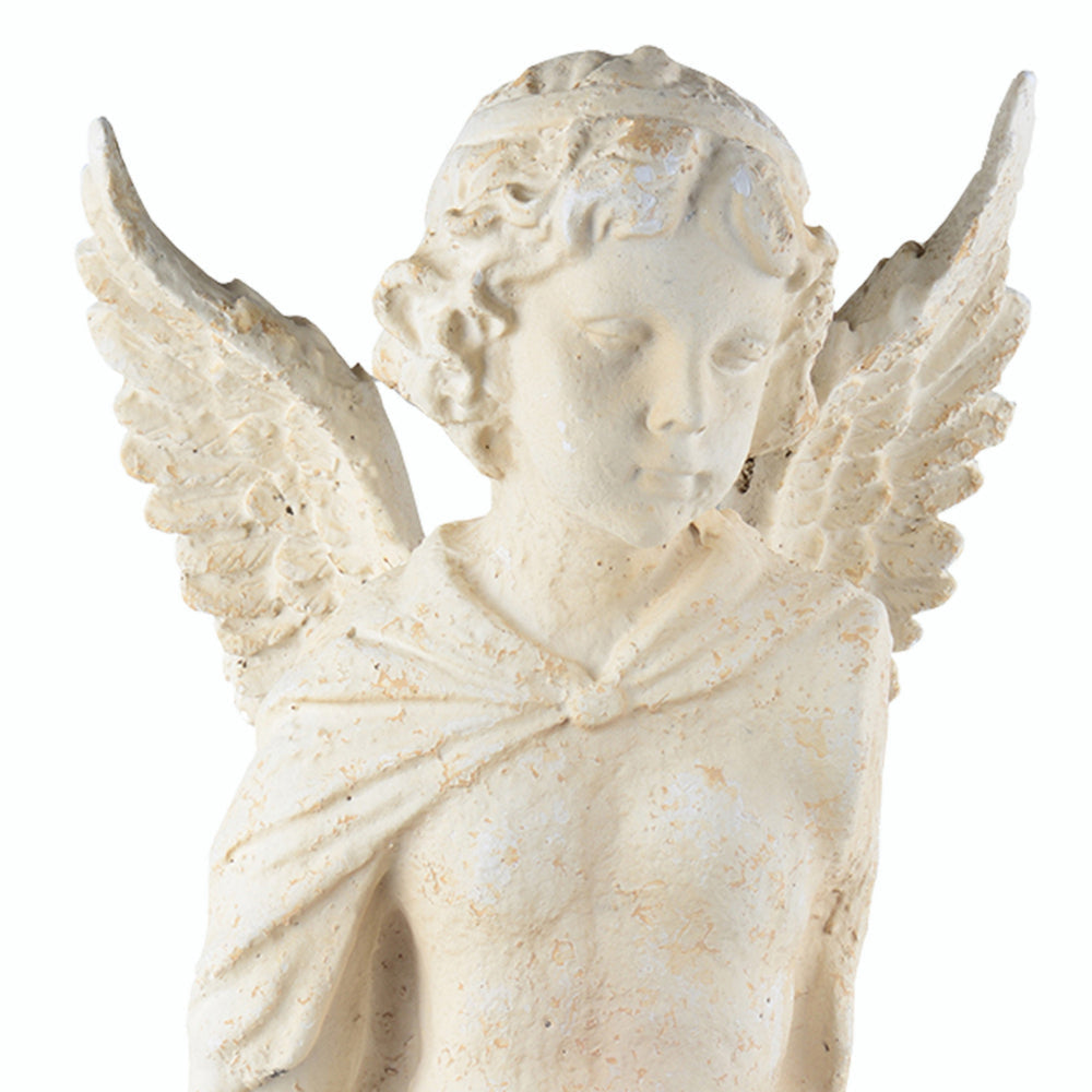 Magnesia and Metal Garden Angel Bust On A Wooden Pedestal Beige By Casagear Home ABH-75914