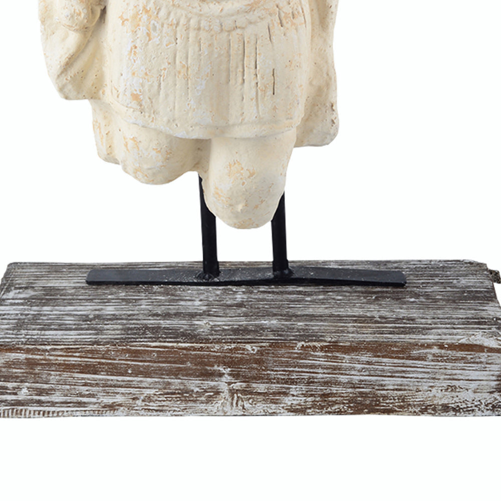 Magnesia and Metal Garden Angel Bust On A Wooden Pedestal Beige By Casagear Home ABH-75914