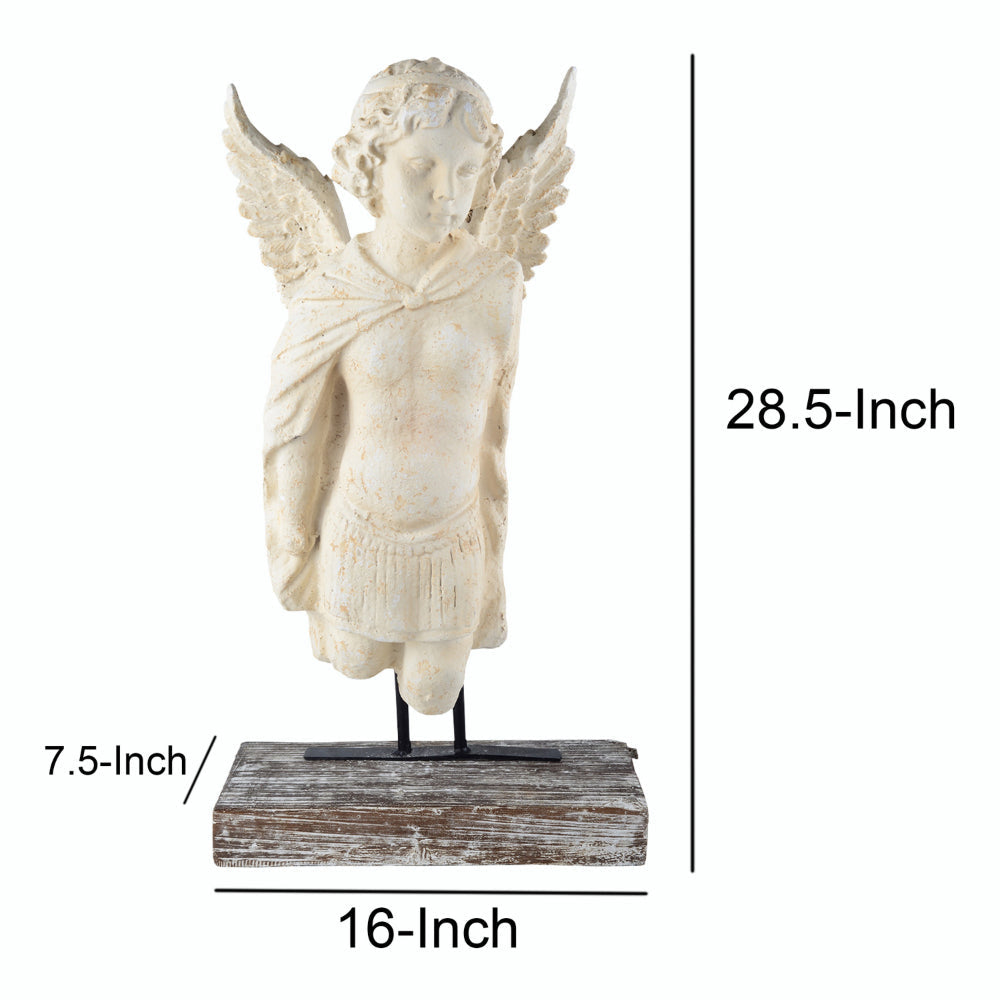 Magnesia and Metal Garden Angel Bust On A Wooden Pedestal Beige By Casagear Home ABH-75914