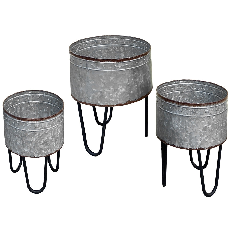 Galvanized Sheet Planter Tubs Iron Powder Coated Hairpin Legs Set of 3 Gray Black By Casagear Home ABH-D42183