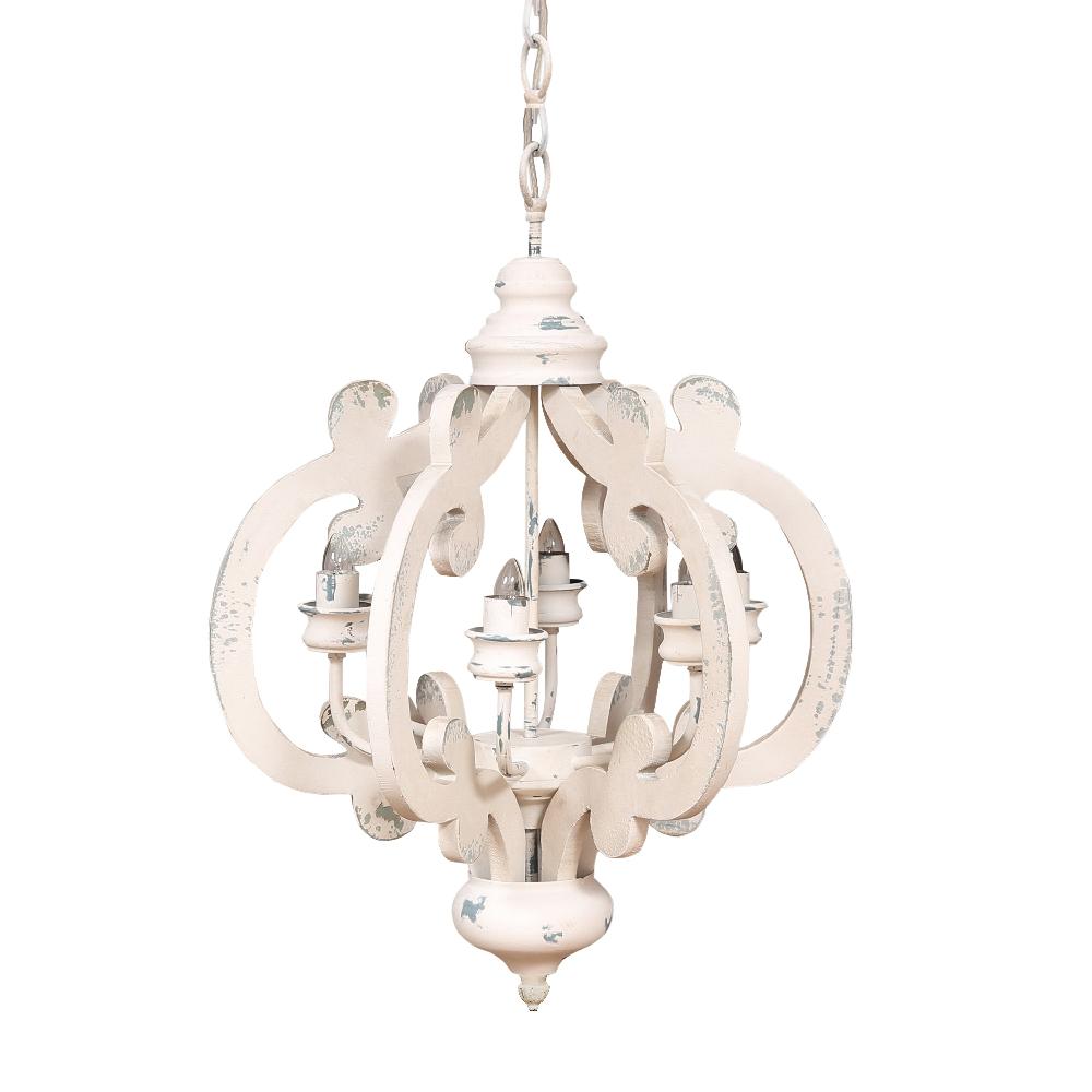 Maci 25 Inch 6 Light Vintage Crown Chandelier Cottage Chic Distressed White Mango Wood By Casagear Home ABH-DT38552