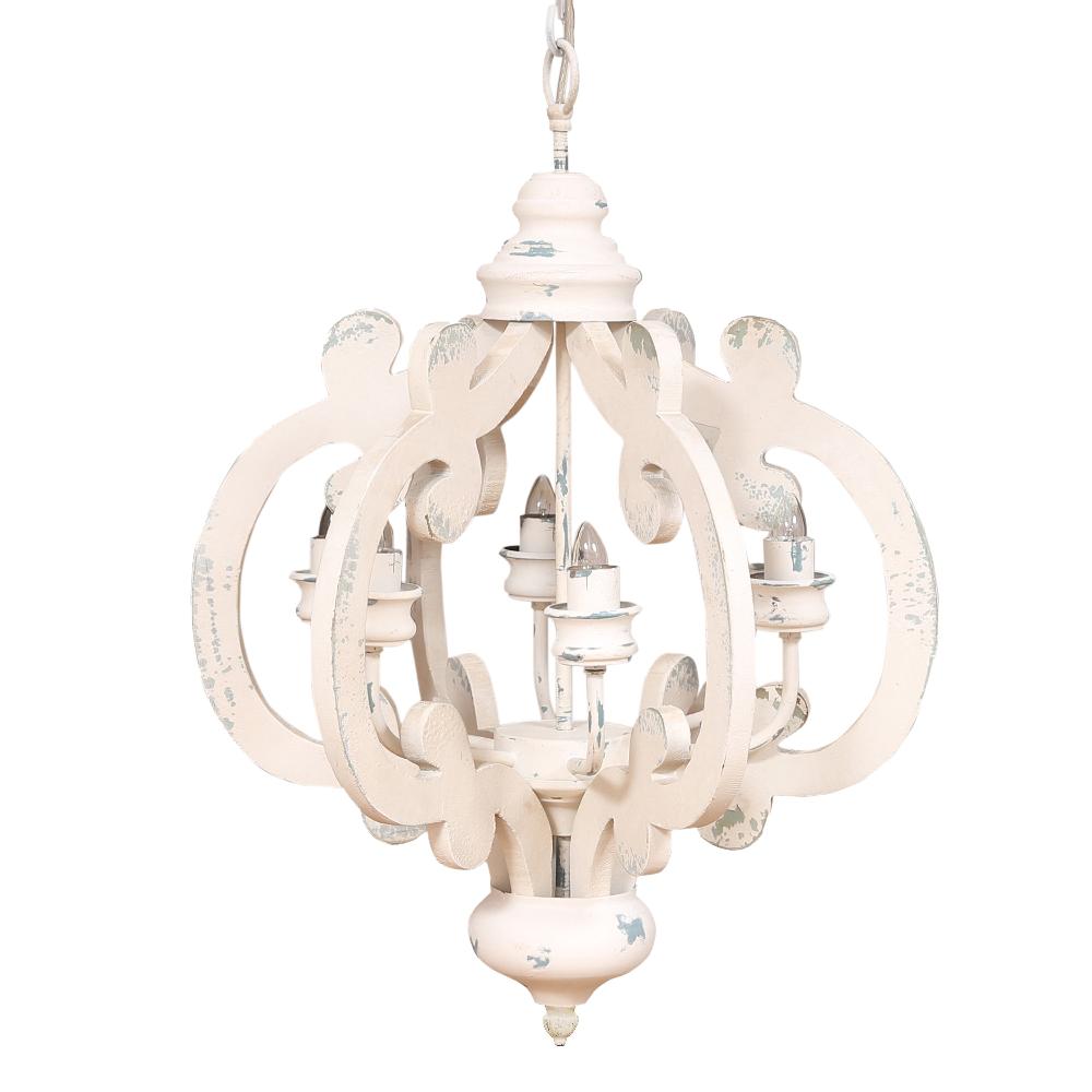 Maci 25 Inch 6 Light Vintage Crown Chandelier Cottage Chic Distressed White Mango Wood By Casagear Home ABH-DT38552