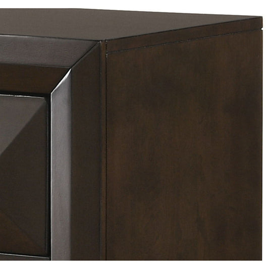 Wooden Nightstand with Dramatic Bevel Drawer Fronts, Espresso Brown