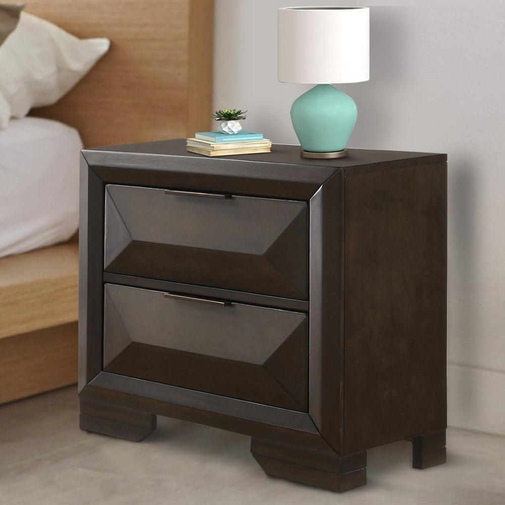 Wooden Nightstand with Dramatic Bevel Drawer Fronts Espresso Brown AMF-22873