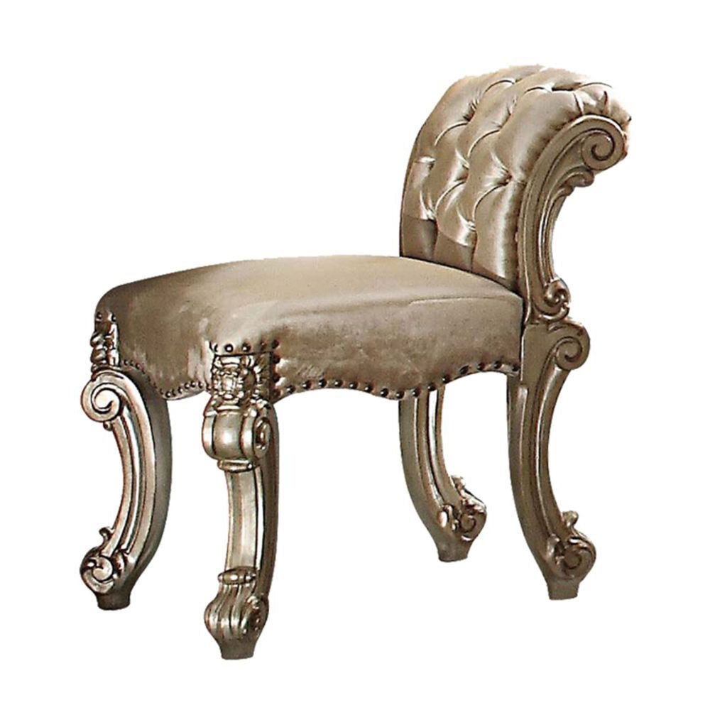 Fabric Upholstered Wooden Vanity Stool with Tufted Back Gold & Bone White AMF-23008