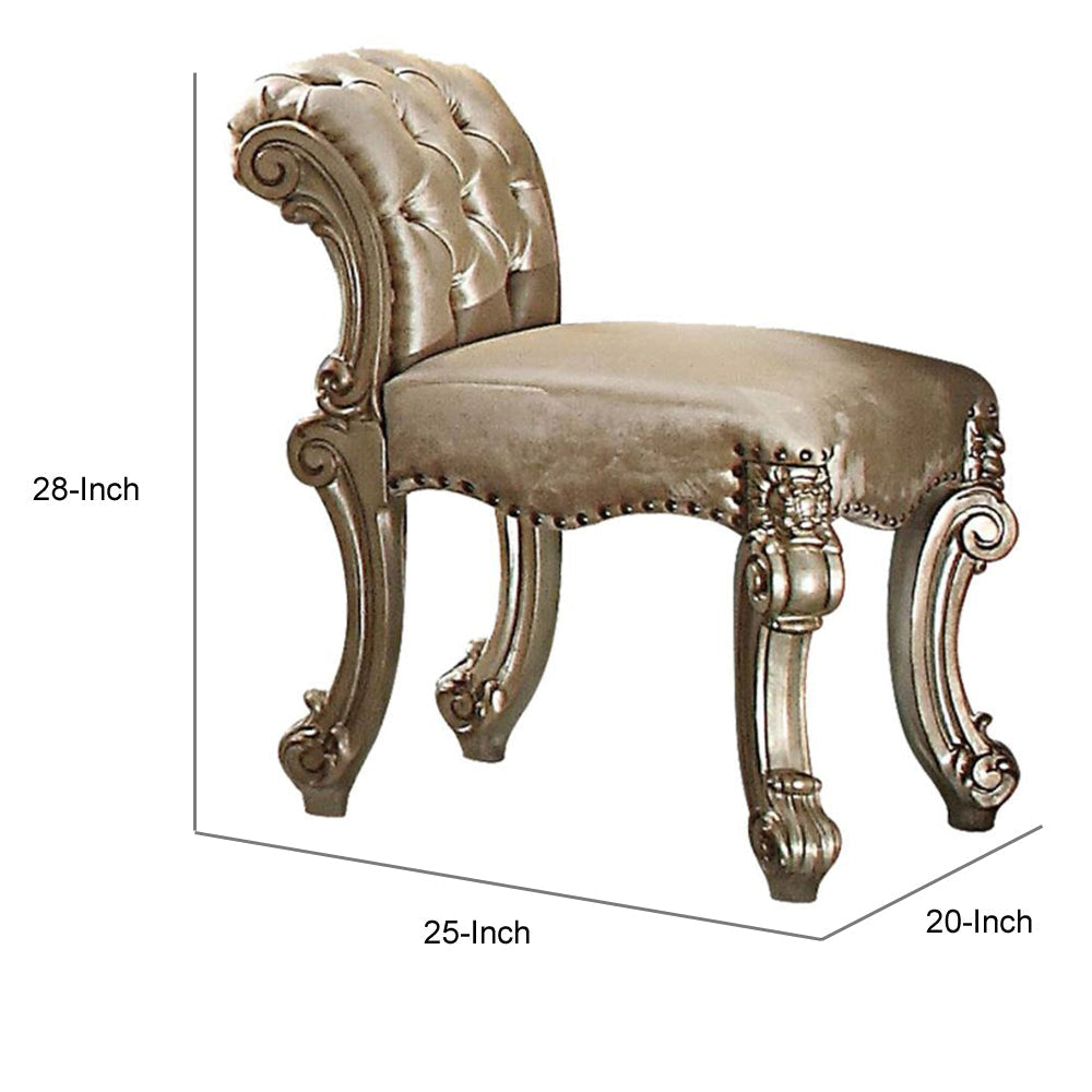 Fabric Upholstered Wooden Vanity Stool with Tufted Back Gold & Bone White AMF-23008