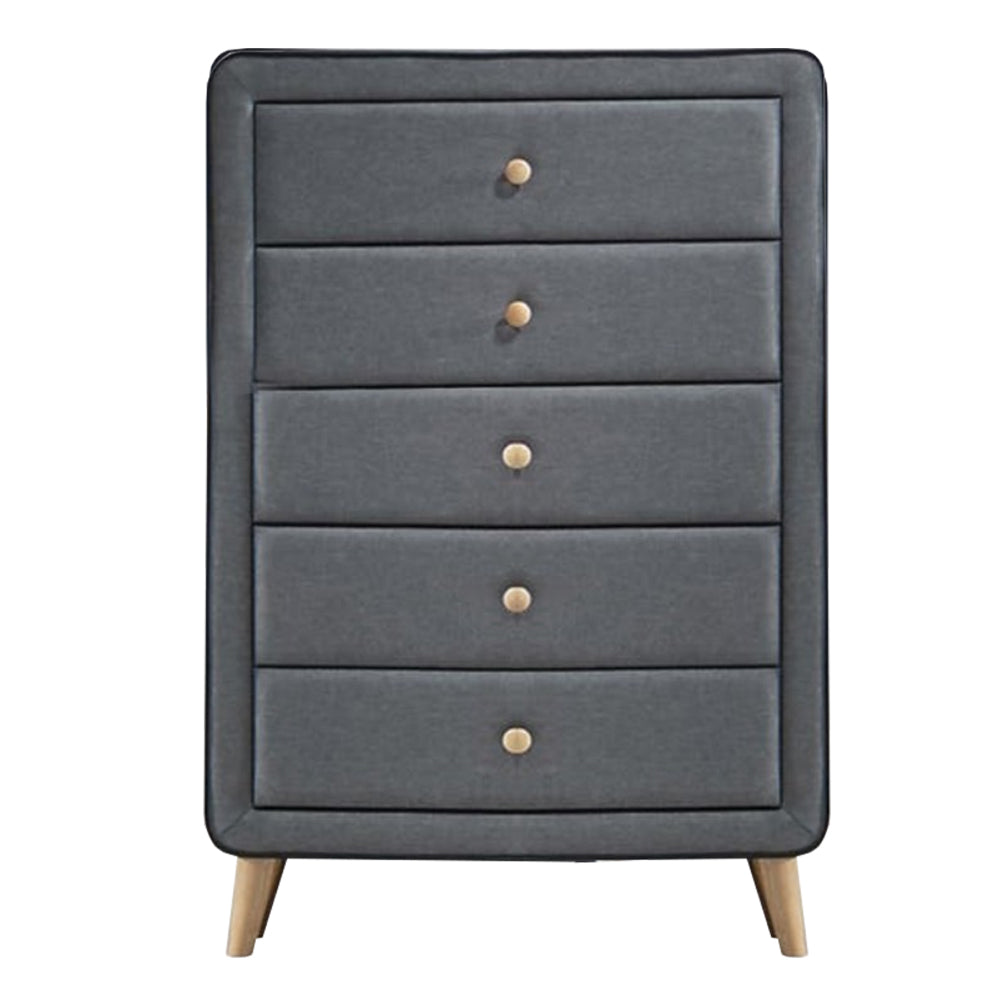 5 Drawers Transitional Style Wood and Fabric Upholstery Chest, Gray