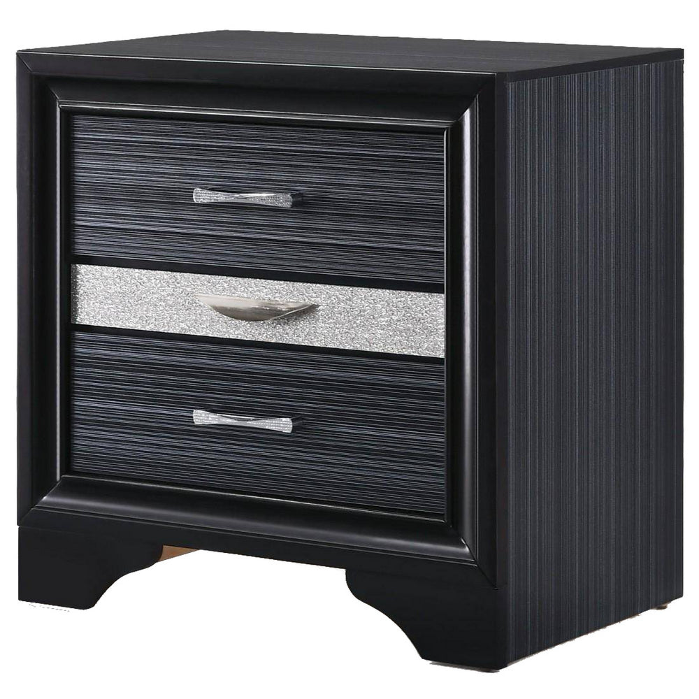 Two Tone Wooden Nightstand With Three Drawers, Black And Silver