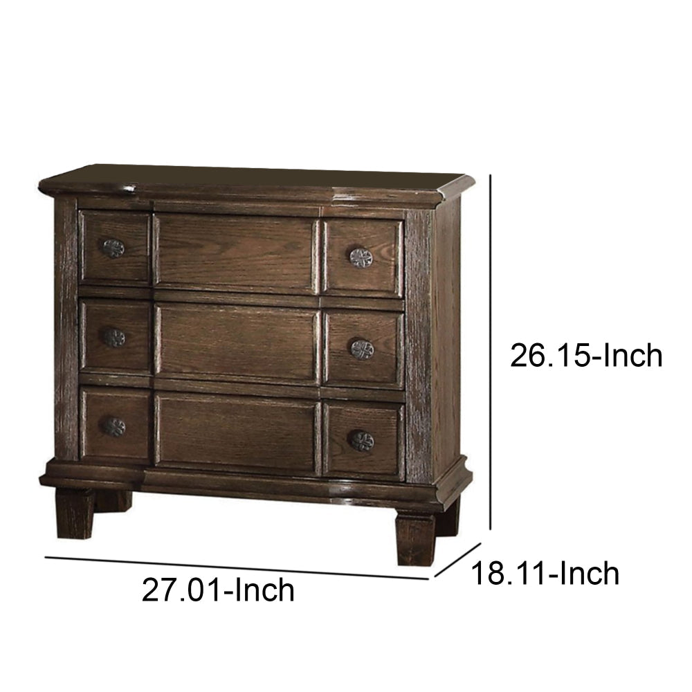 Three Drawer Nightstand With Round Knobs Side Metal Glide In Weathered Oak Finish - ACME AMF-26113