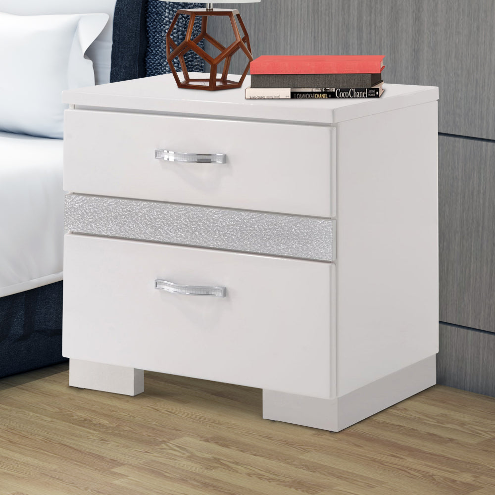 Nightstand With Three Center Metal Glide Drawers In White Gloss Finish AMF-26773