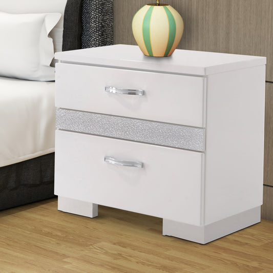 Nightstand With Three Center Metal Glide Drawers In White Gloss Finish