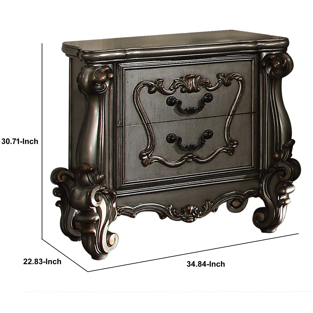 Two Drawer Nightstand With Oversized Scrolled Legs In Antique Platinum Finish