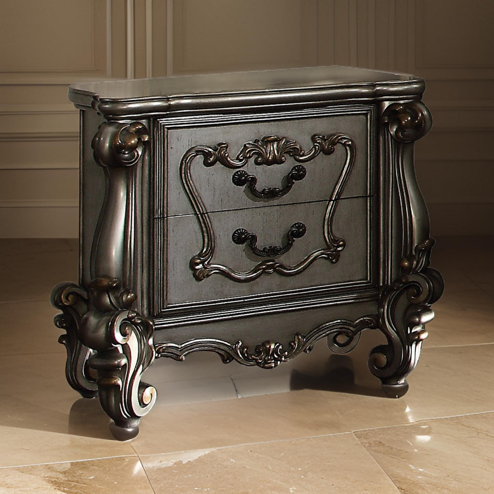 Two Drawer Nightstand With Oversized Scrolled Legs In Antique Platinum Finish