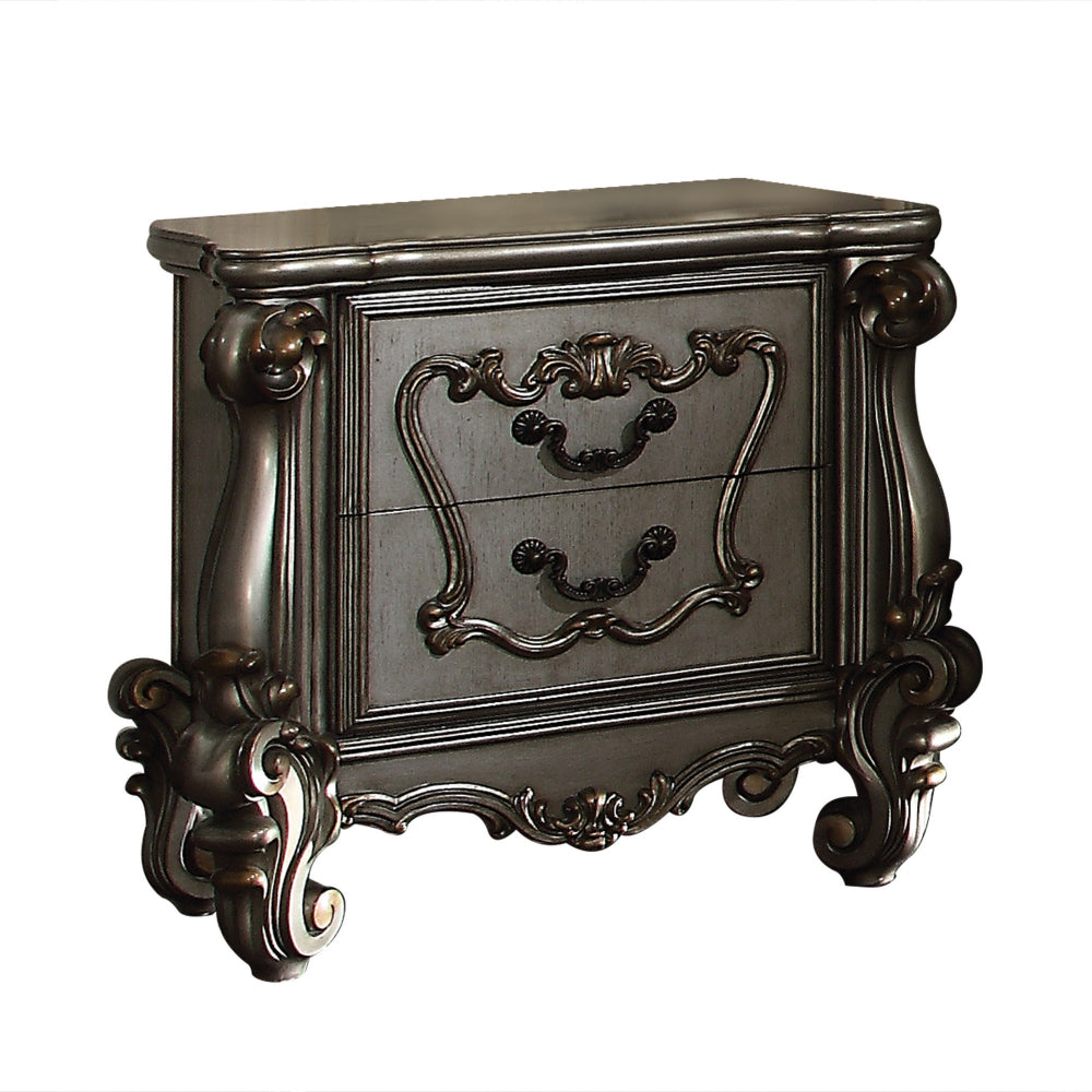 Two Drawer Nightstand With Oversized Scrolled Legs In Antique Platinum Finish AMF-26843