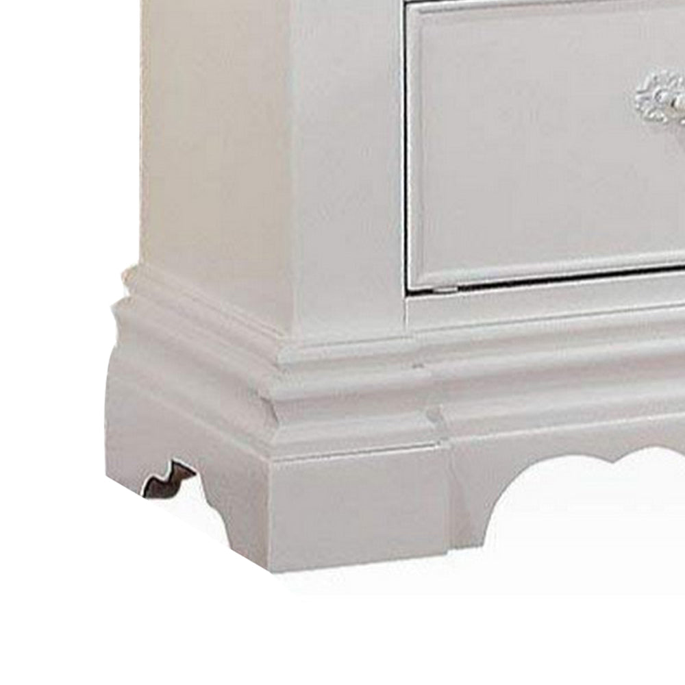 2 Drawer Wooden Nightstand with Hanging Pulls and Bracket Feet White AMF-30243