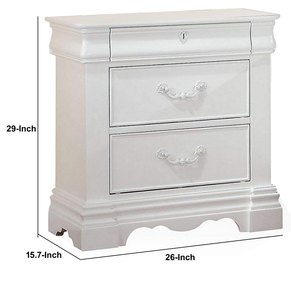 2 Drawer Wooden Nightstand with Hanging Pulls and Bracket Feet, White