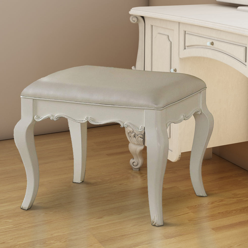 Traditional Style Wood and Leatherette Vanity Stool with Padded Seat White AMF-30519