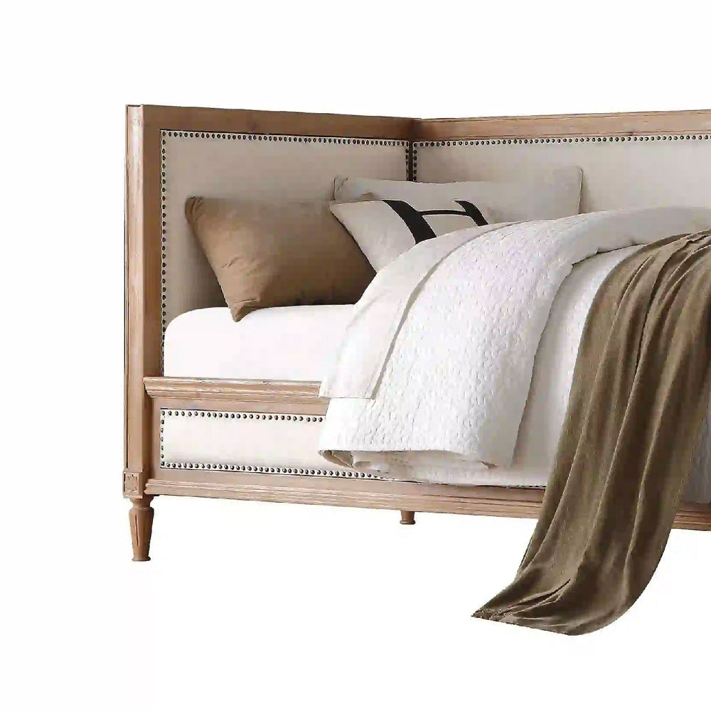 Elegant Daybed Cream Linen & Salvage Oak Brown By Casagear Home AMF-39175