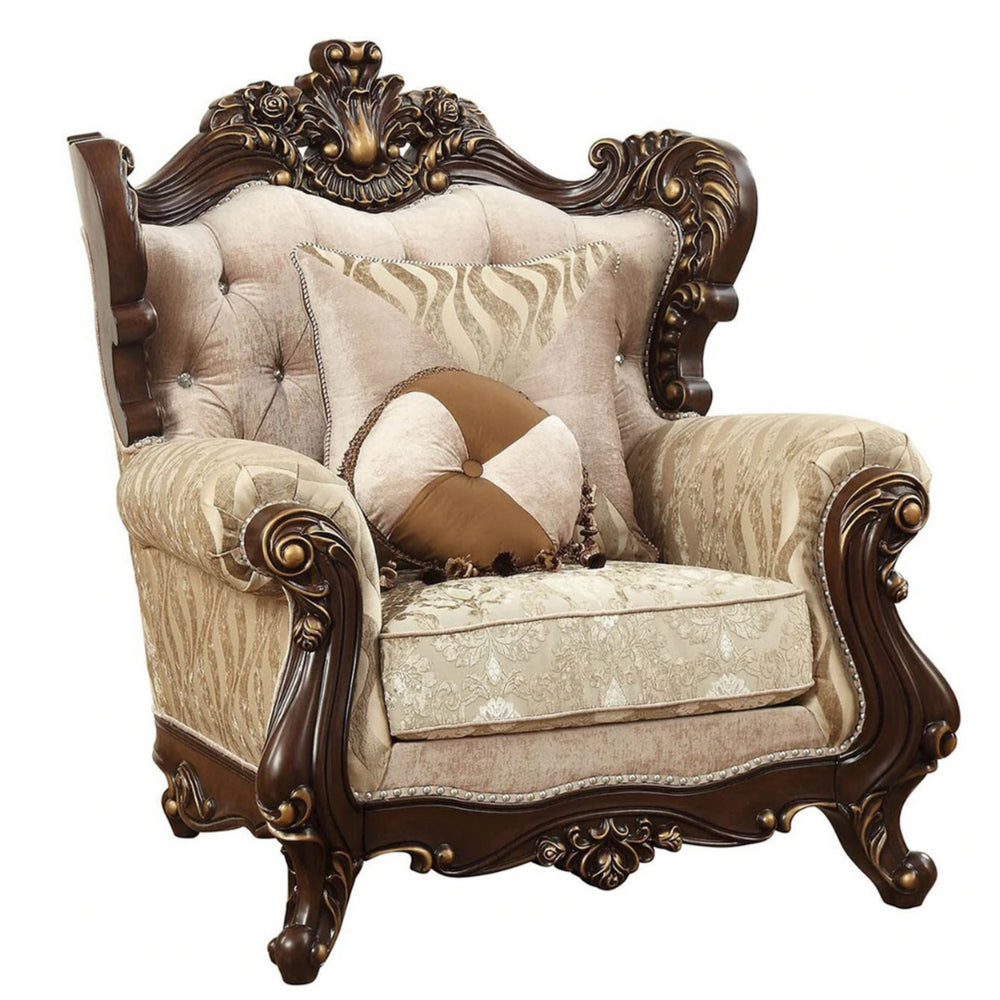 Rolled Arm Chair With Floral Arched Backrest And Two Pillows Brown And Beige By Casagear Home AMF-51052