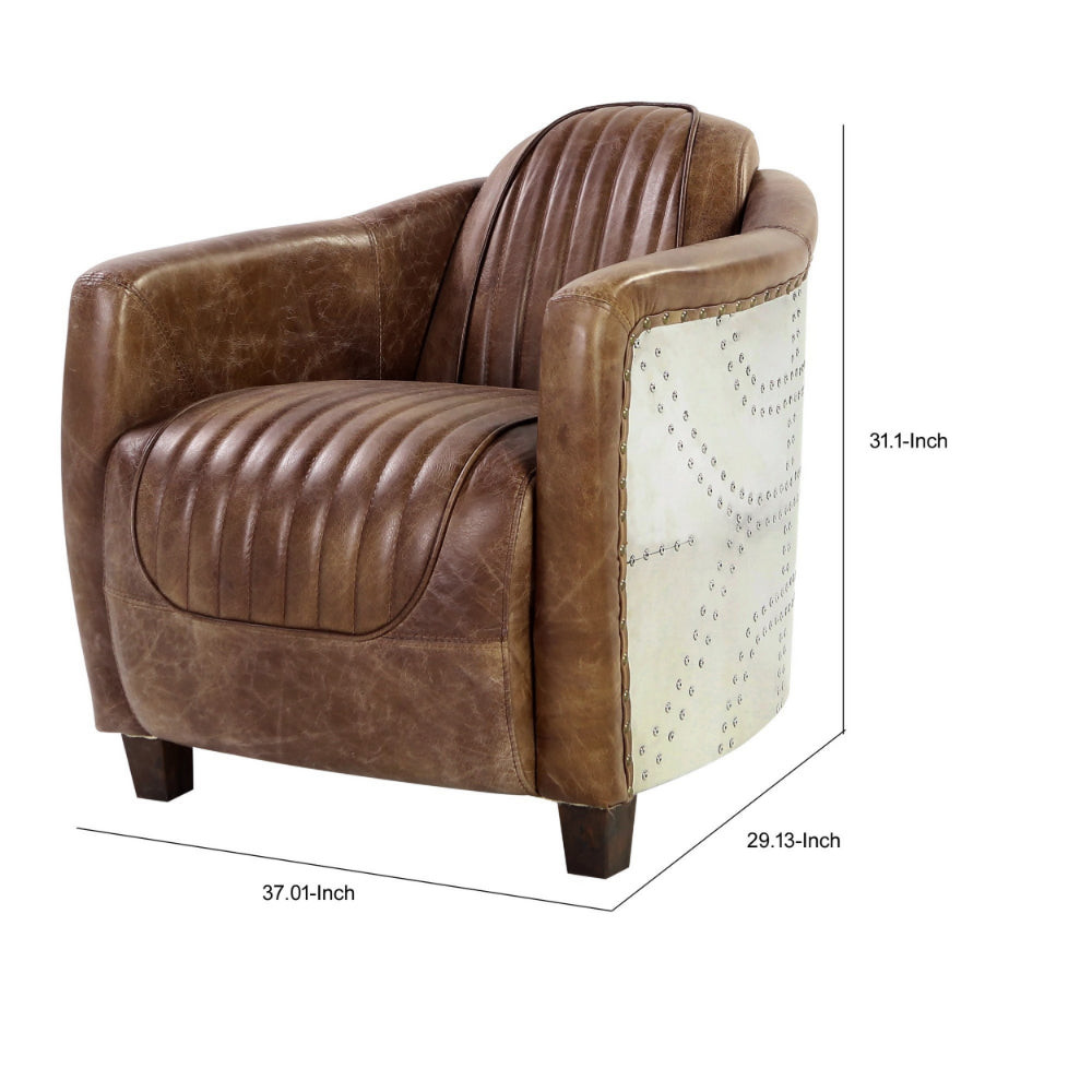 Faux Leather Upholstered Chair Wooden with Aluminium Patchwork Brown and Silver By Casagear Home AMF-53547