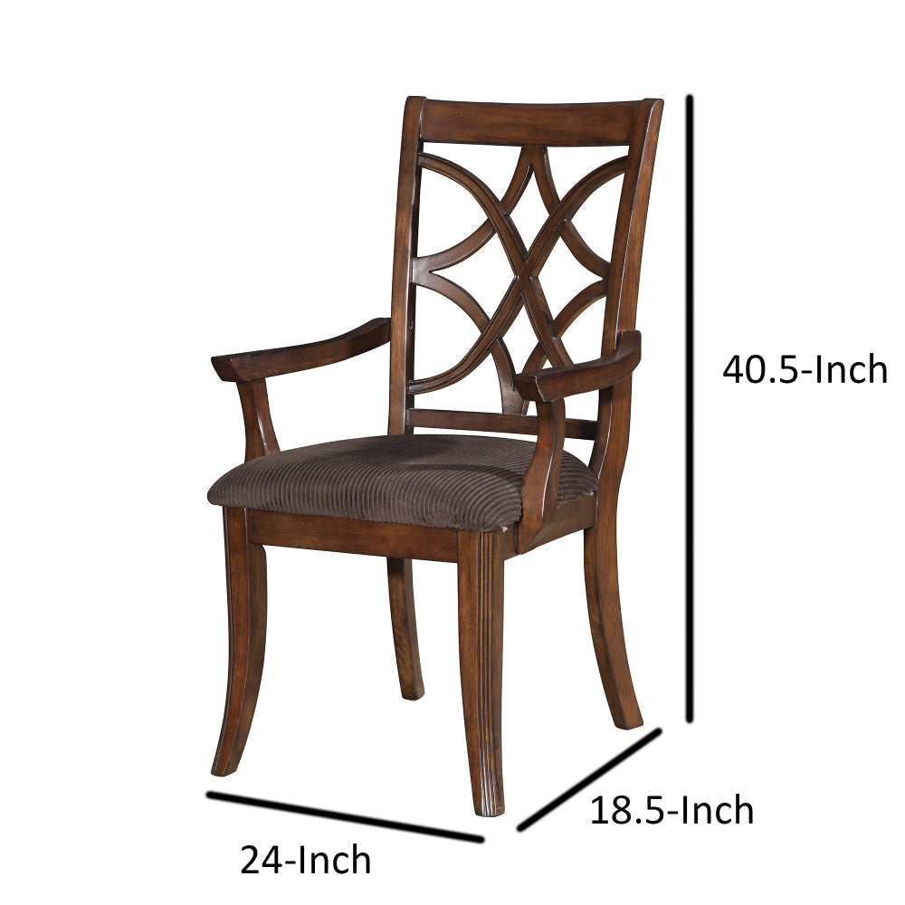 Wooden Arm Chair with Fabric Padded Seat and Lattice Design Backrest Brown Set of Two - 60258 By Casagear Home AMF-60258