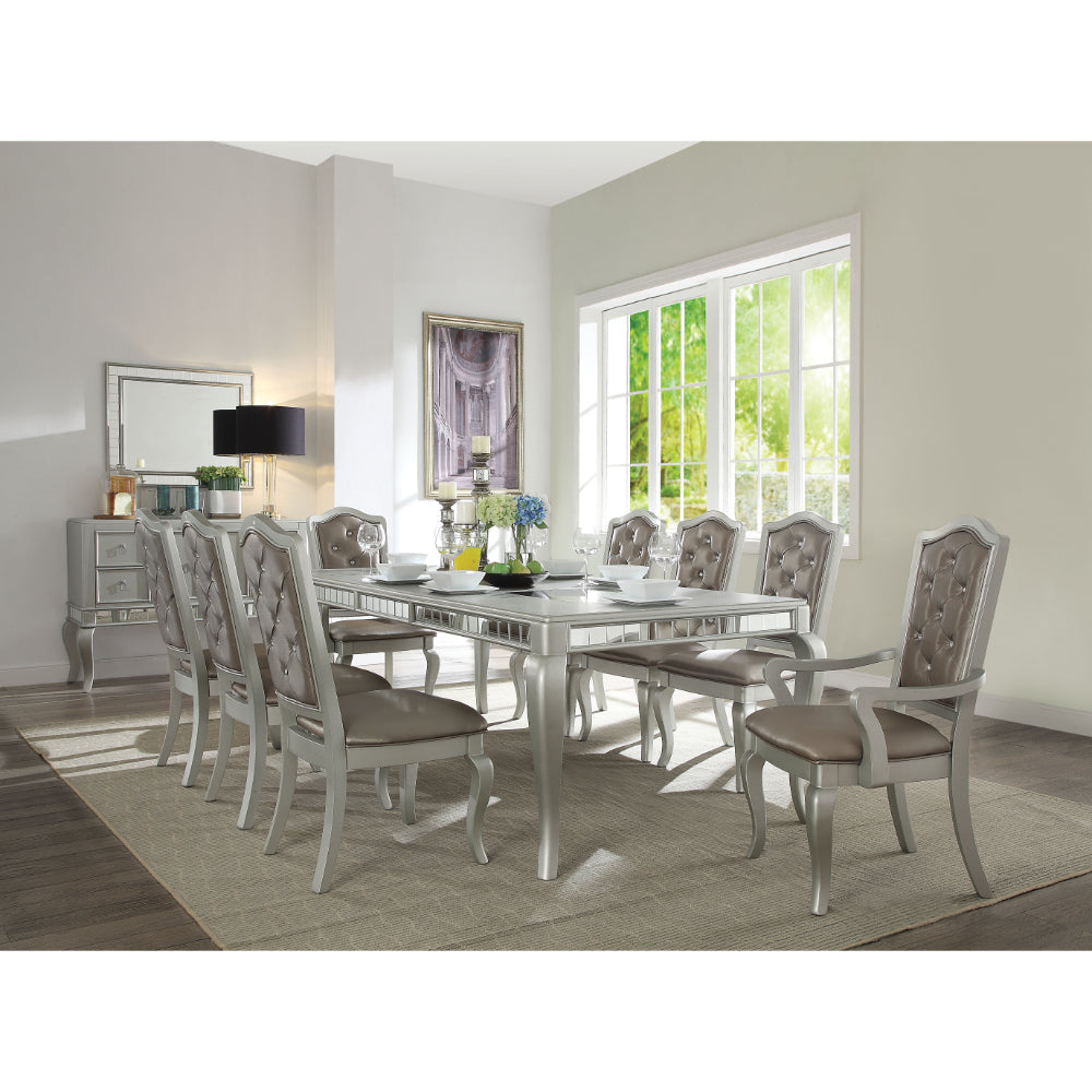 Mirror Accented Wooden Dining Table with Cabriole Legs Champagne Silver By Casagear Home AMF-62080