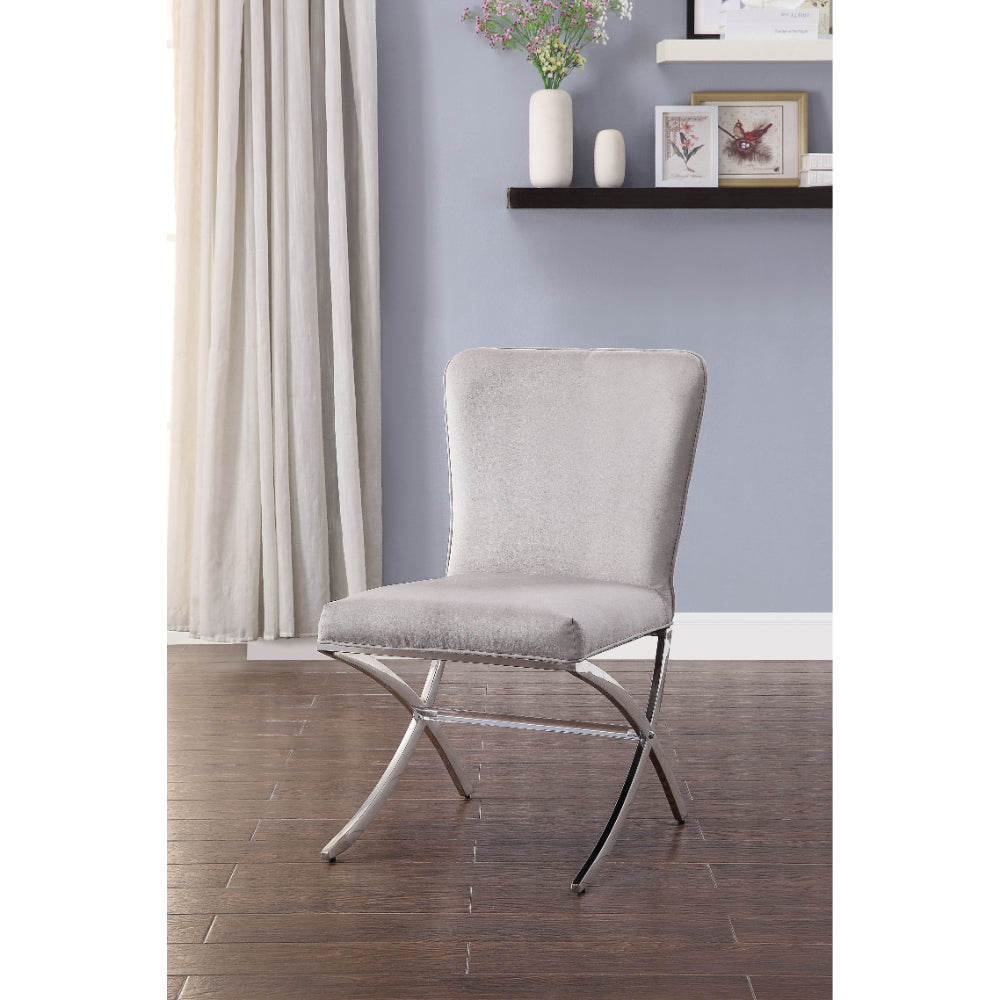 Velvet Upholstered Metal Side Chair with X Style Base, Light Gray and Silver, Set of Two - 71182