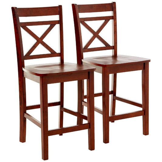 Wooden Counter Height Chair with Cross Back, Set of 2, Cherry Brown - 72537