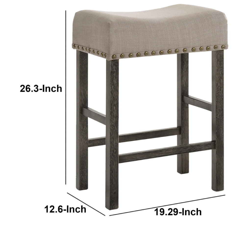 Wooden Counter Height Stool with Linen Upholstered Saddle Seat Set of 2 Beige and Gray By Casagear Home AMF-73833