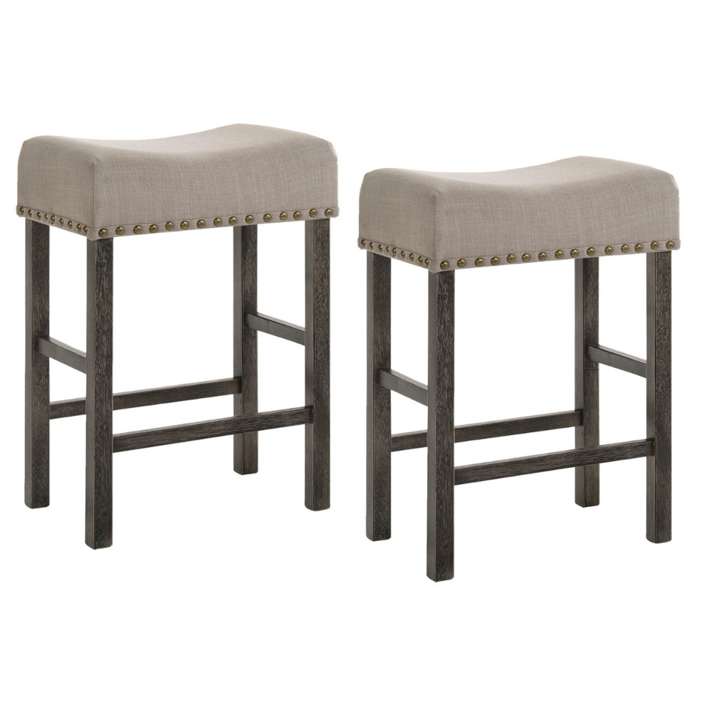 Wooden Counter Height Stool with Linen Upholstered Saddle Seat Set of 2 Beige and Gray By Casagear Home AMF-73833