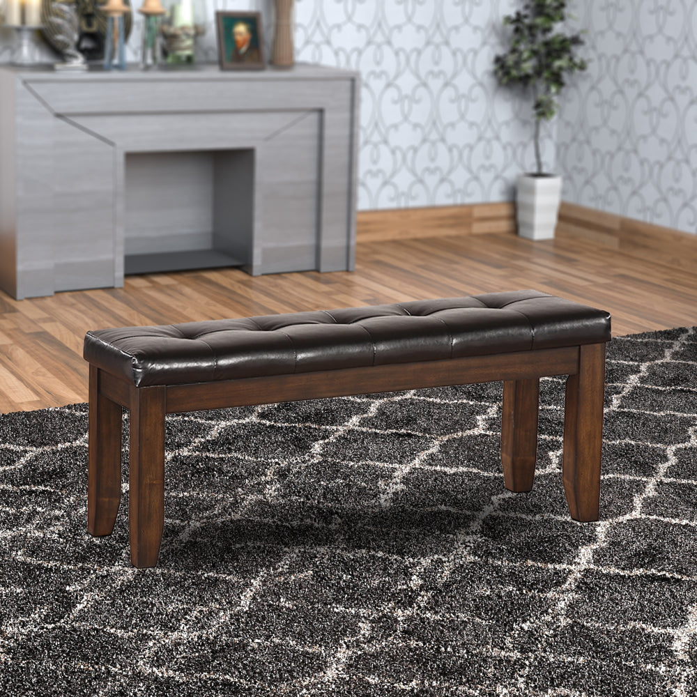 Leatherette Upholstered Tufted Wooden Bench with Chamfered Legs Brown By Casagear Home AMF-74625