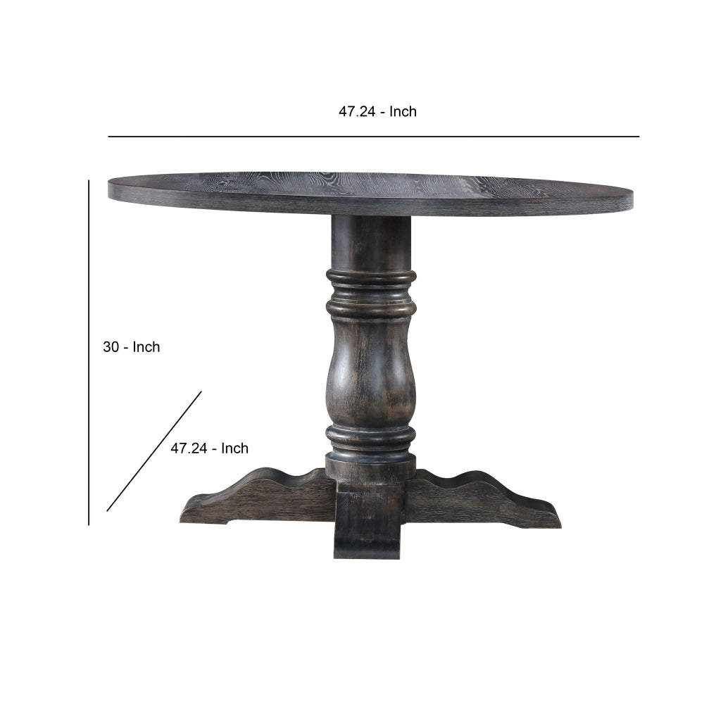 Wooden Round Dining Table With Heavy Pedestal Feet Weathered Gray By Casagear Home AMF-74640