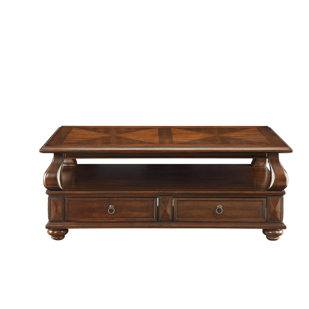 2 Drawer Wooden Coffee Table with Bun Feet and Ring Pulls Brown AMF-80010