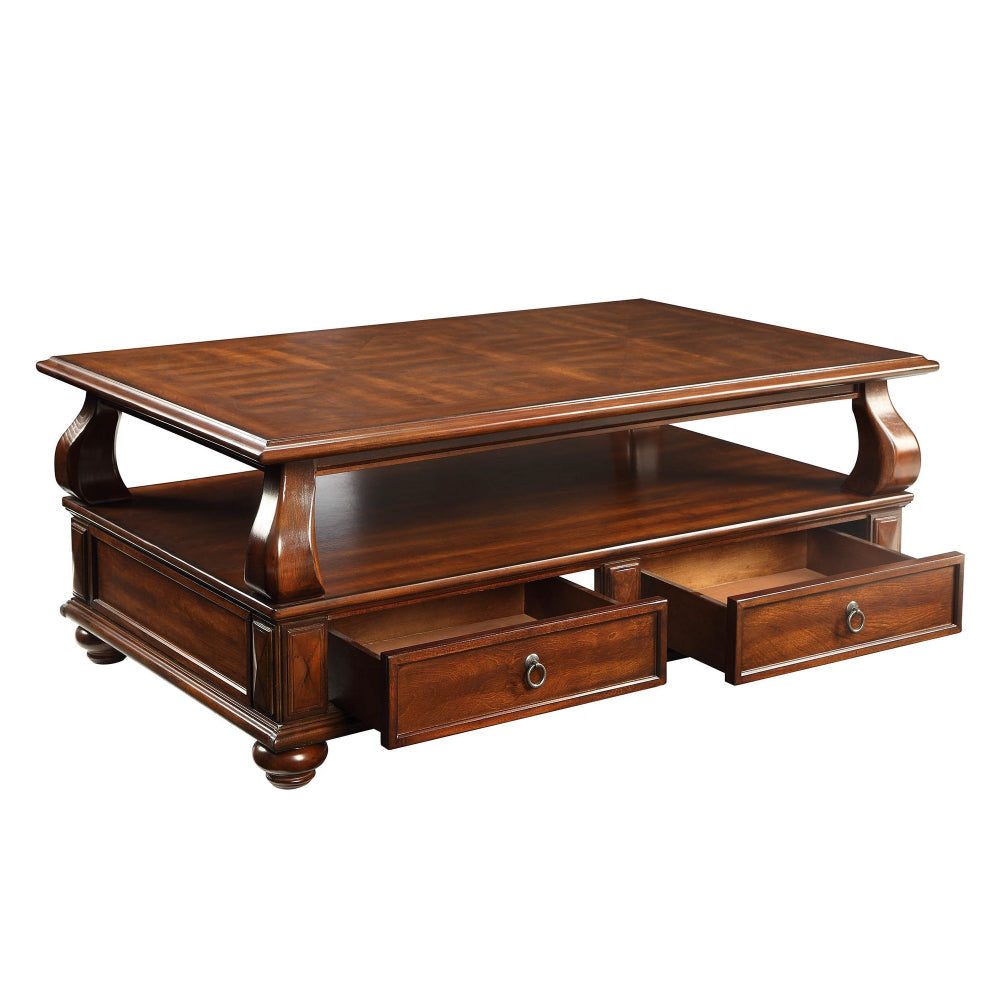 2 Drawer Wooden Coffee Table with Bun Feet and Ring Pulls, Brown